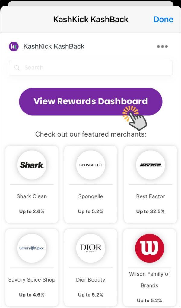 Screenshot of the KashBack extension and offers from featured merchants with up to 32.5% cash back. 