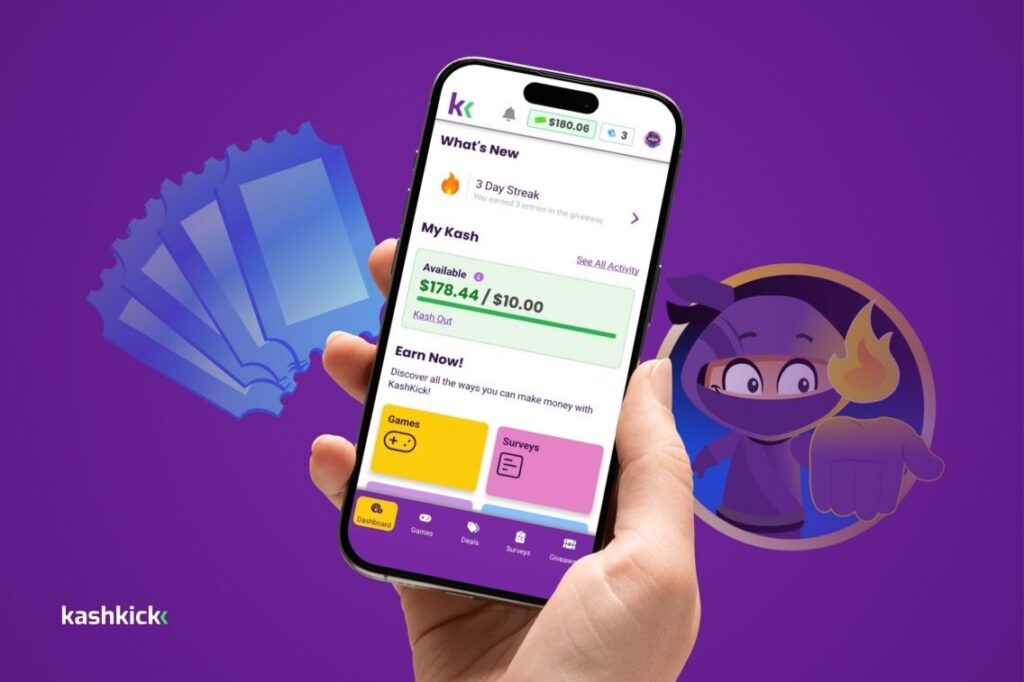 Hand holding a phone displaying the KashKick dashboard with a 3-day streak, cash balance and earning options