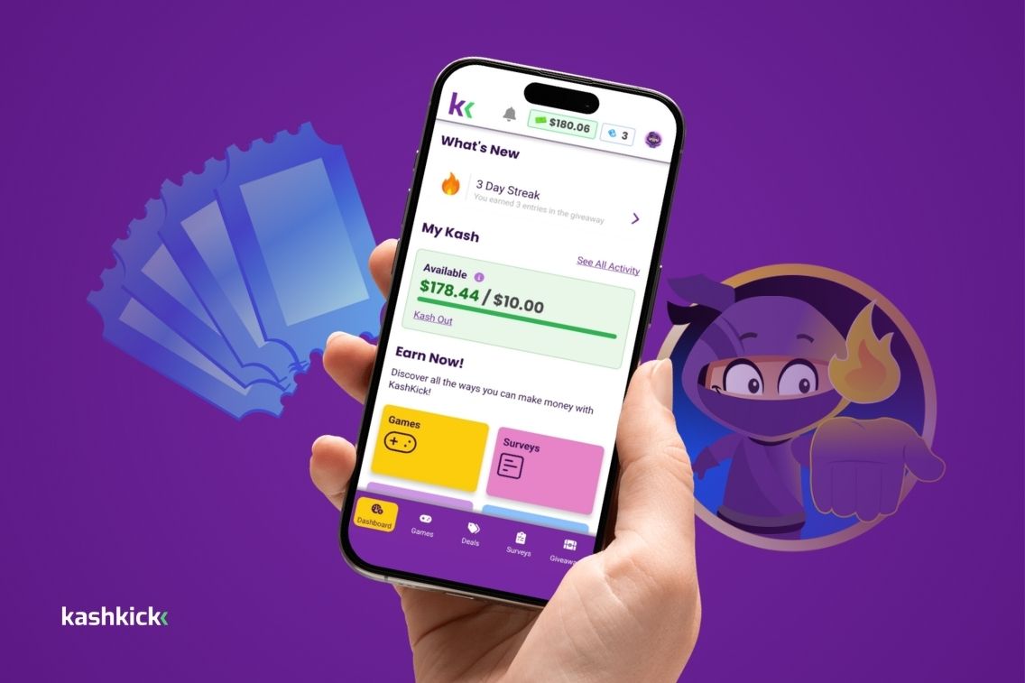 Hand holding a phone displaying the KashKick dashboard with a 3-day streak, cash balance and earning options