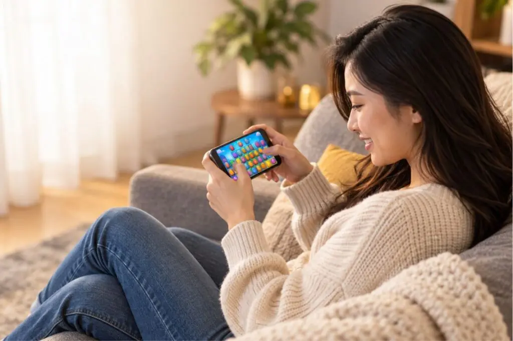 person playing a mobile game on a phone to test if JustPlay is legit