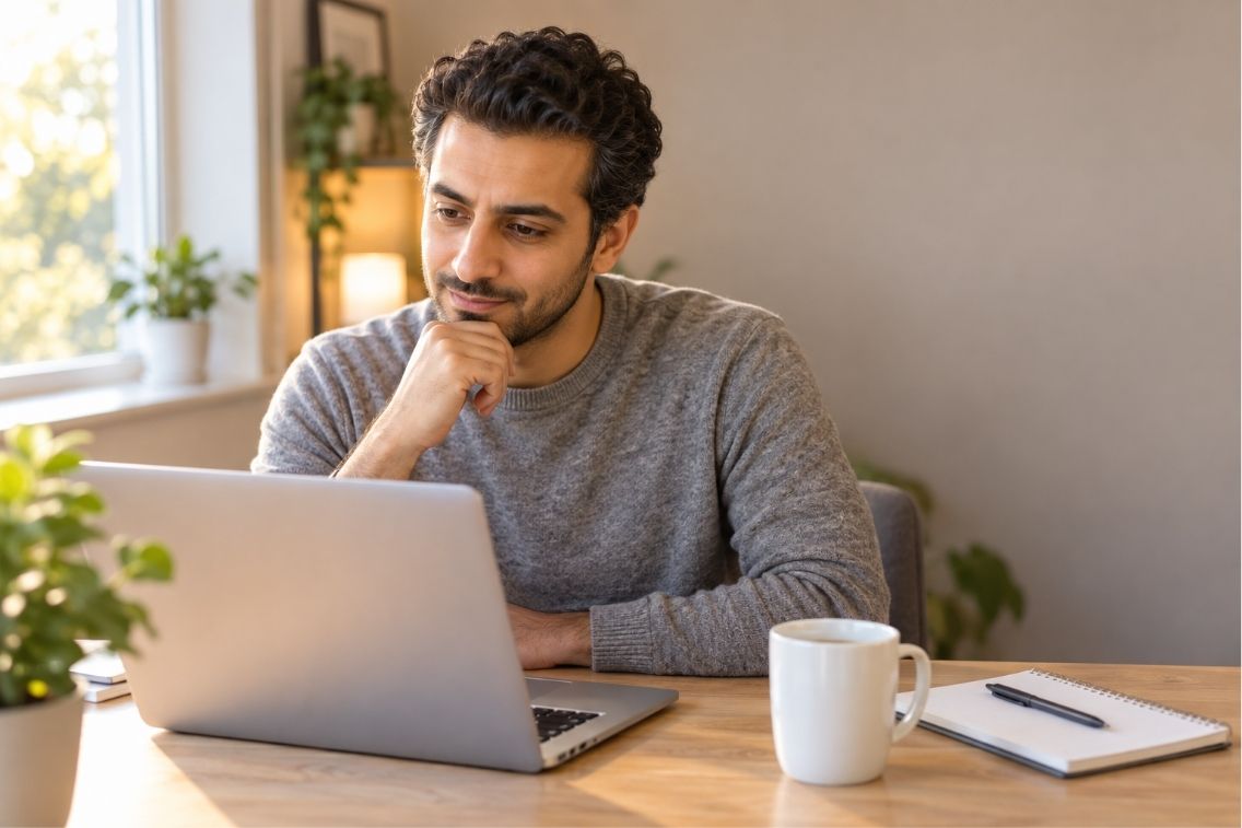 Person on a laptop wondering is Pinecone Research legit before joining the survey panel