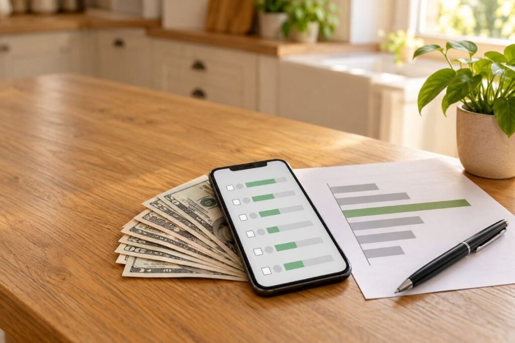 Smartphone sitting on a kitchen table with cash and a checklist.