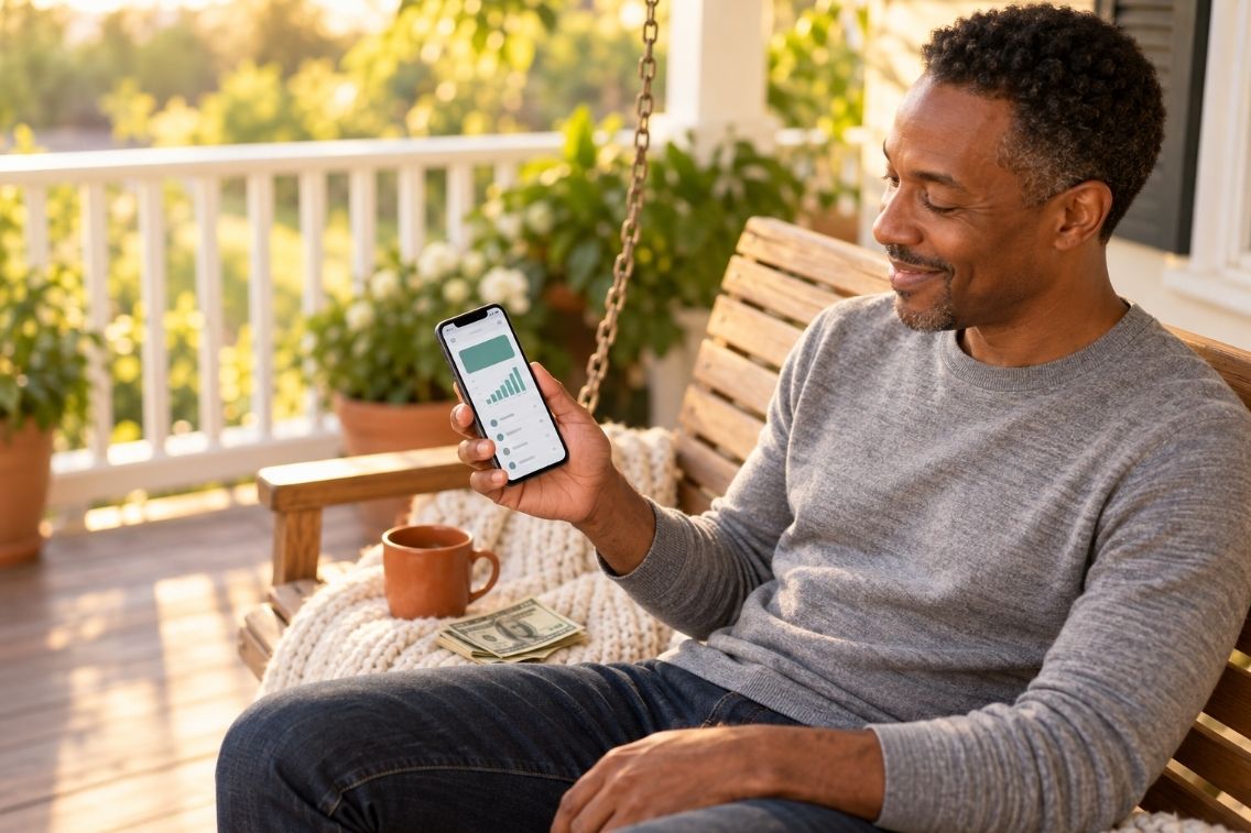Man sitting with his smartphone showing how much money he made on KashKick.