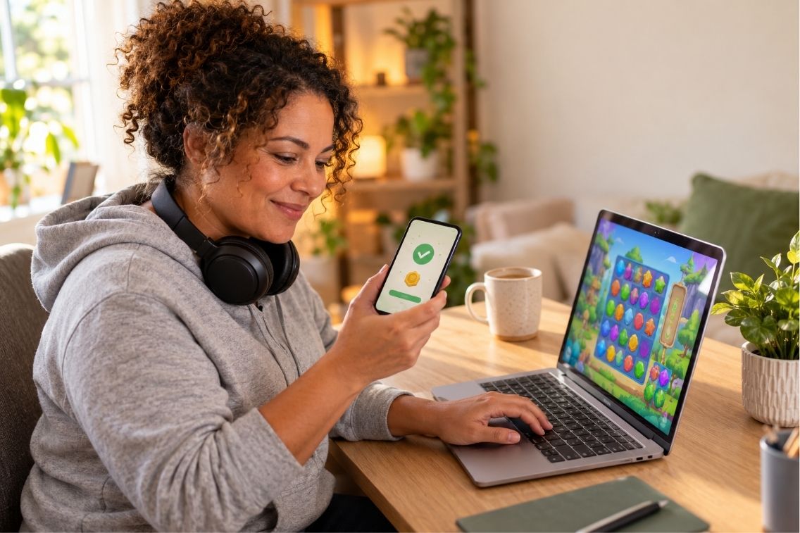 gamer checking if Gamehag is legit and pays real rewards on a laptop and phone